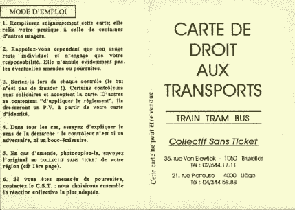Carte de droit aux transports, diffuse par le Collectif sans Ticket en Belgique
